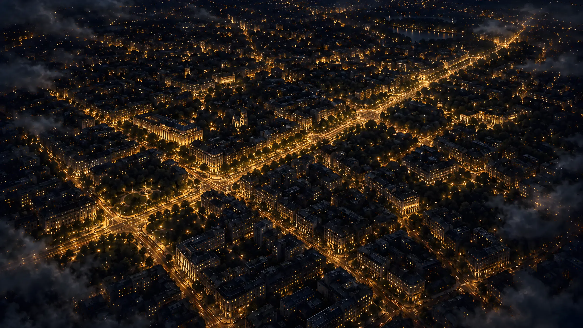 Estul Bucureștiului noaptea, văzut de sus, cu Șoseaua Mihai Bravu luminată.